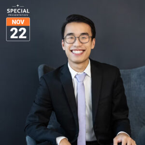 Pianist Jonathan Mak smiles at the camera, seated in a dark suit and light tie against a deep blue-grey background. The graphic includes the Cecilia Concerts “Special Presentation” logo and a November 22 date box in the upper left.