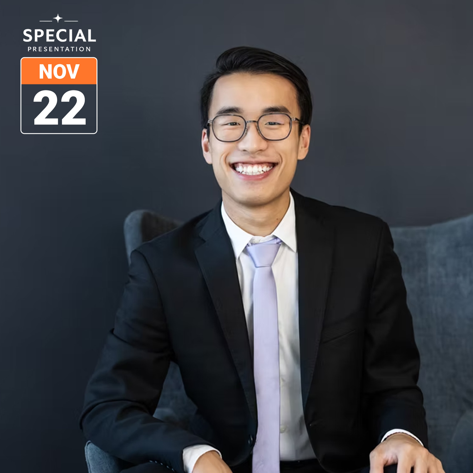 Pianist Jonathan Mak smiles at the camera, seated in a dark suit and light tie against a deep blue-grey background. The graphic includes the Cecilia Concerts “Special Presentation” logo and a November 22 date box in the upper left.