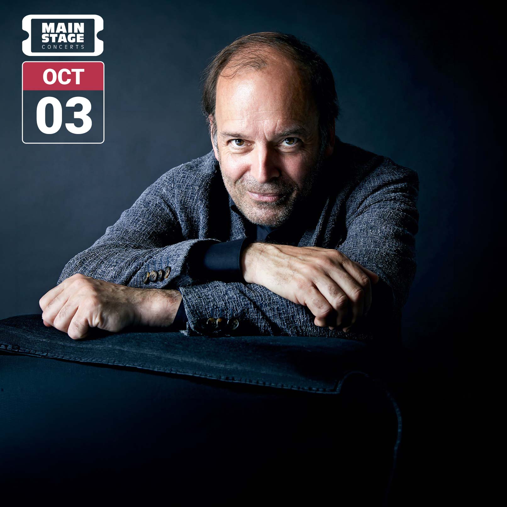 Pianist Louis Lortie leans forward over a dark piano in a dramatic blue-toned portrait, wearing a textured grey jacket and looking directly at the camera. The image includes the Main Stage Concerts logo and a date badge reading October 3.