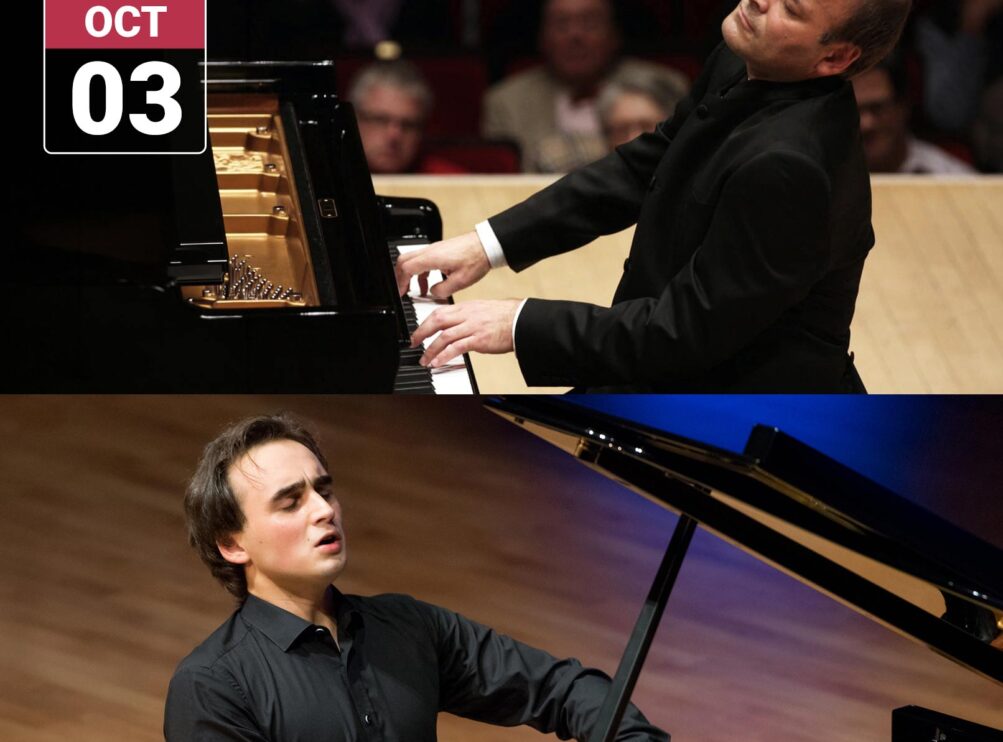 Louis Lortie and Illia Ovcharenko performing at grand pianos, pictured in two concert photographs, with Main Stage Concerts and October 3 graphics.