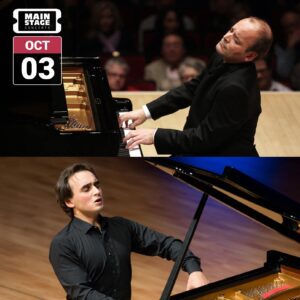 Louis Lortie and Illia Ovcharenko performing at grand pianos, pictured in two concert photographs, with Main Stage Concerts and October 3 graphics.