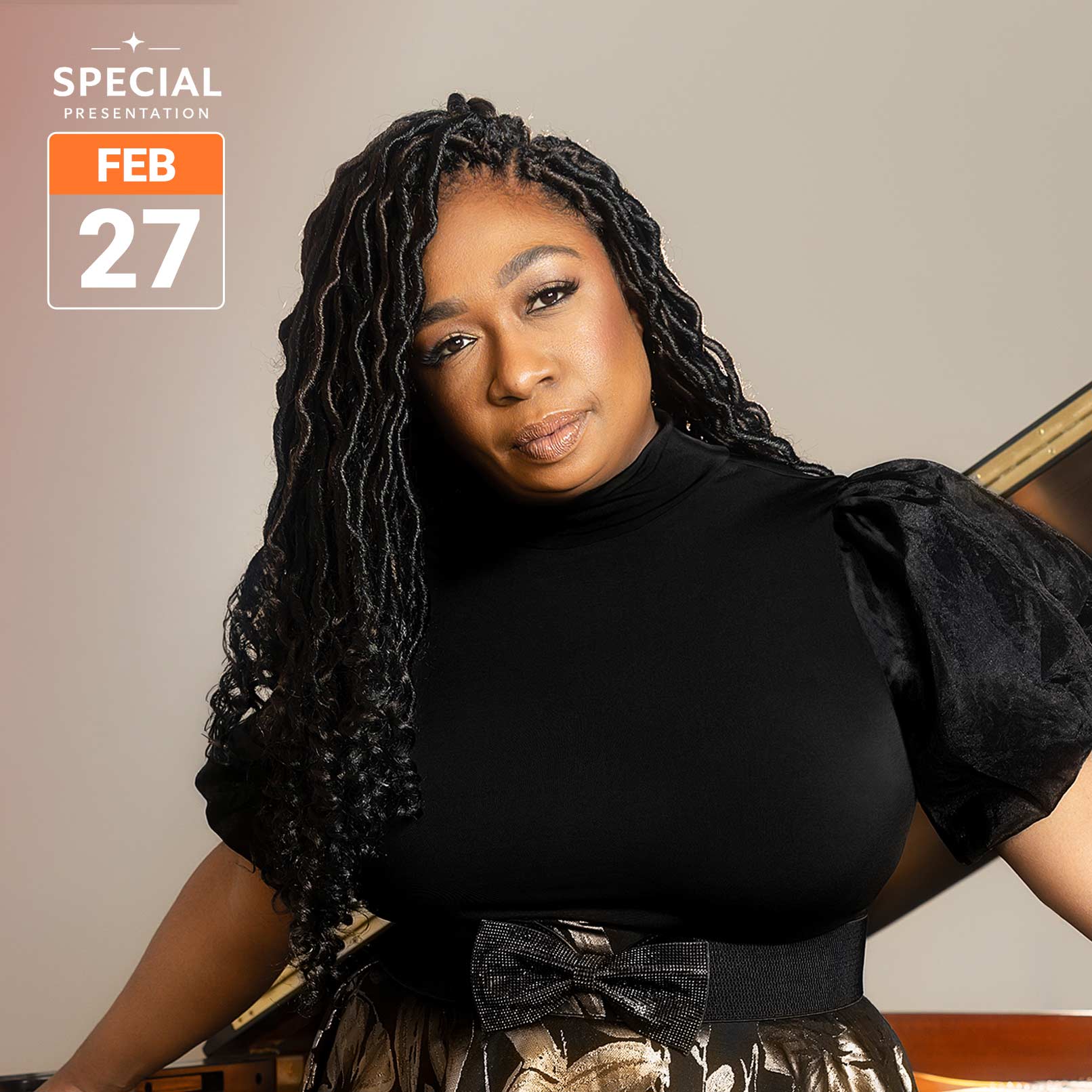 Concert graphic featuring pianist Michelle Cann beside an open grand piano, looking toward the camera. She has long black locs and wears a black top with puff sleeves, a bow belt, and a gold floral skirt. Text in the upper left reads “Special Presentation” above an orange-and-white February 27 date badge.