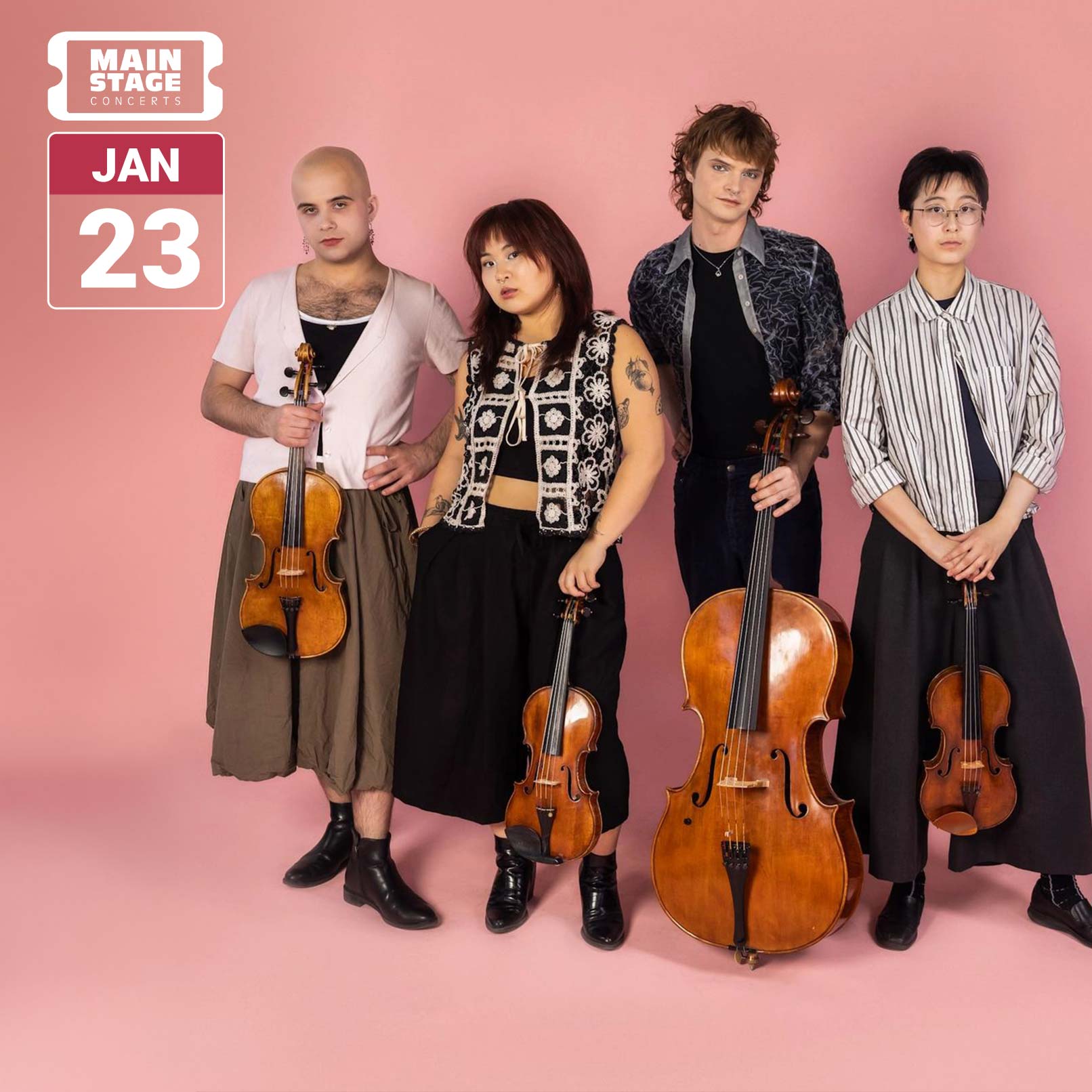 Poiesis Quartet stand together against a pink studio background, holding violins, viola, and cello. The image includes the Main Stage Concerts logo and a date badge reading January 23.