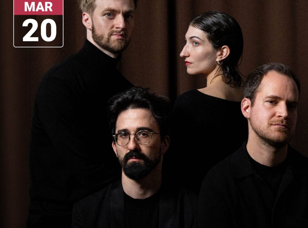 Concert graphic featuring the four members of Quatuor Agate dressed in black against a dark brown curtain. Two stand behind two seated members, with three looking toward the camera and one in profile. A white Main Stage Concerts logo and a red-and-white March 20 date badge appear in the upper left.