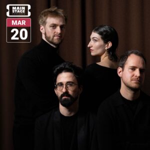 Concert graphic featuring the four members of Quatuor Agate dressed in black against a dark brown curtain. Two stand behind two seated members, with three looking toward the camera and one in profile. A white Main Stage Concerts logo and a red-and-white March 20 date badge appear in the upper left.