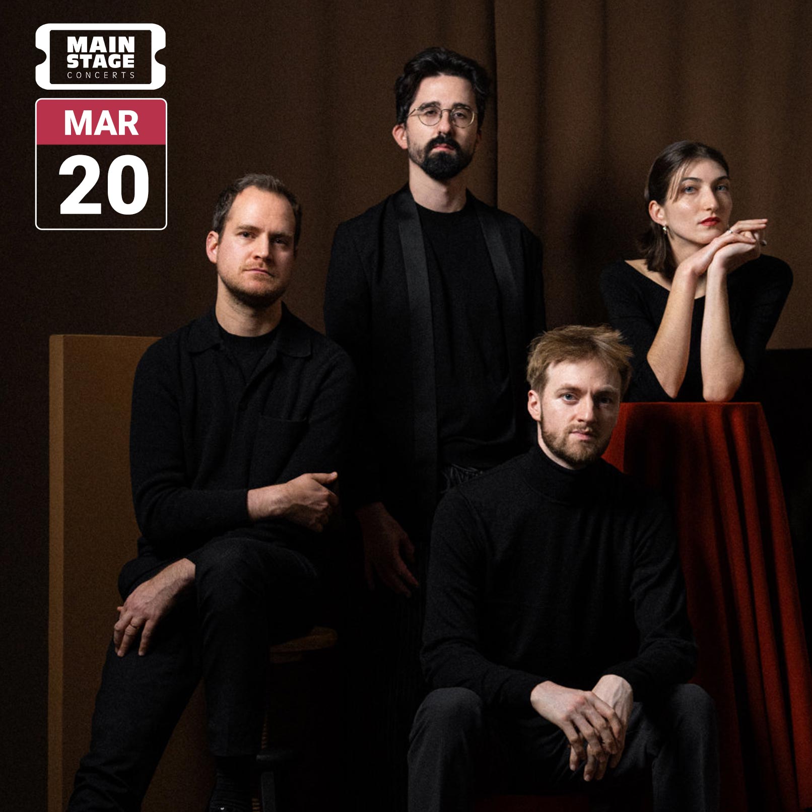 Members of Quatuor Agate pose together in a dark, warm-toned portrait, dressed mostly in black against a brown backdrop. The image includes the Main Stage Concerts logo and a date badge reading March 20.