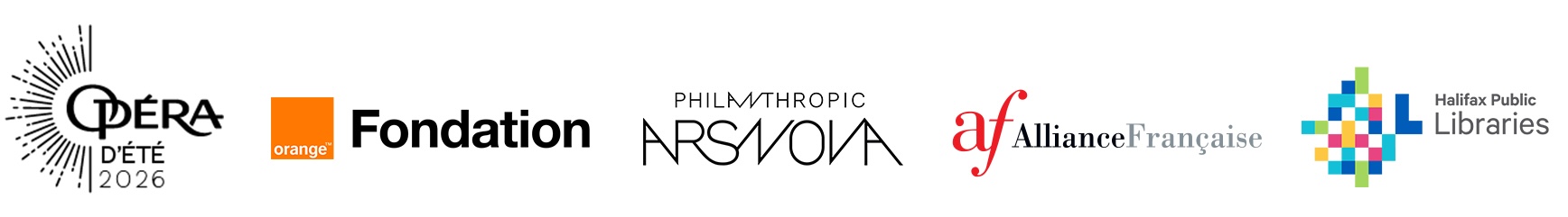 Partner logos for the 2026 Summer Opera program, including Opéra d’été 2026, Fondation Orange, Ars Nova, Alliance Française, and Halifax Public Libraries.