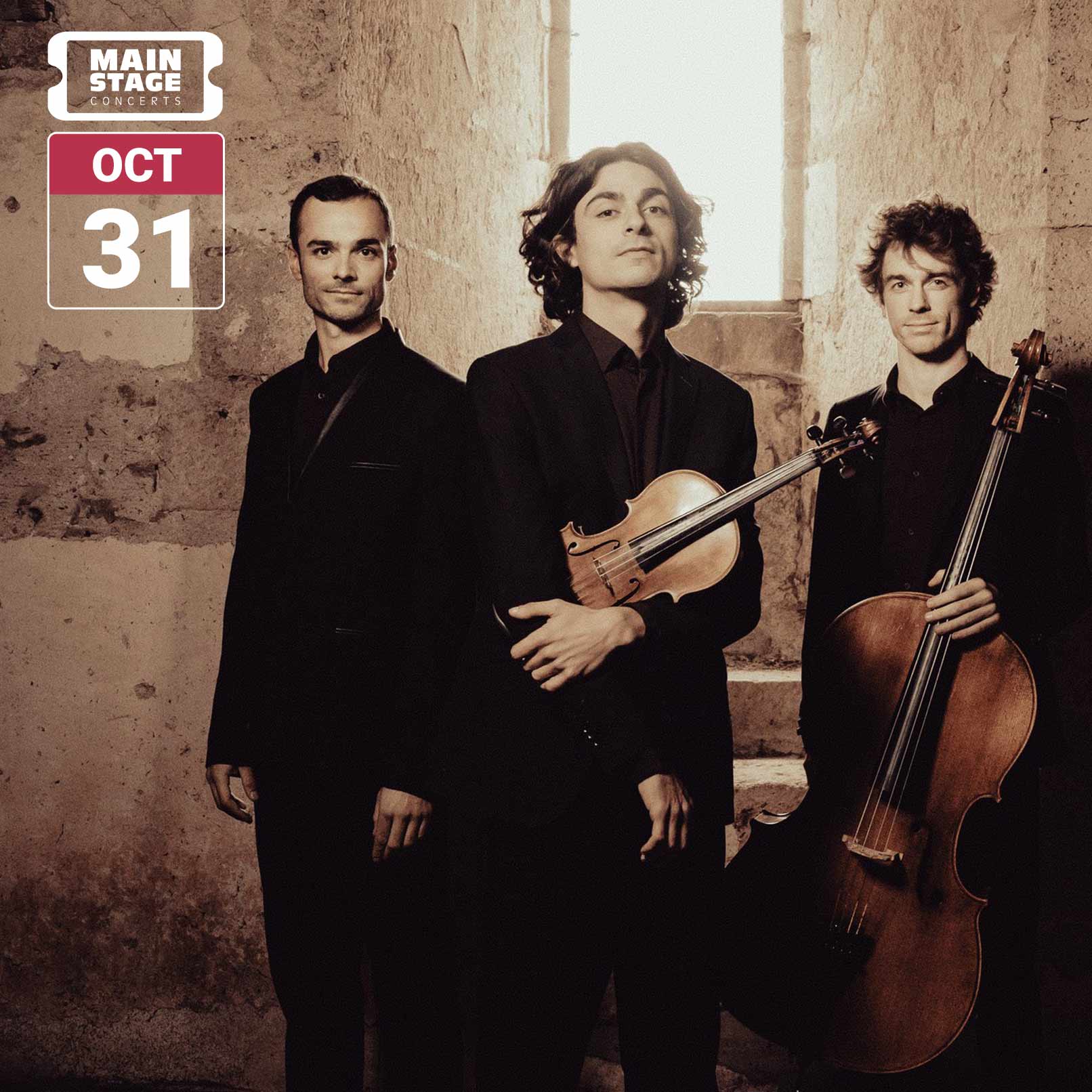 Trio Hélios members Alexis Gournel, Luka Ispir, and Raphaël Jouan pose with violin and cello in a stone interior, dressed in black.