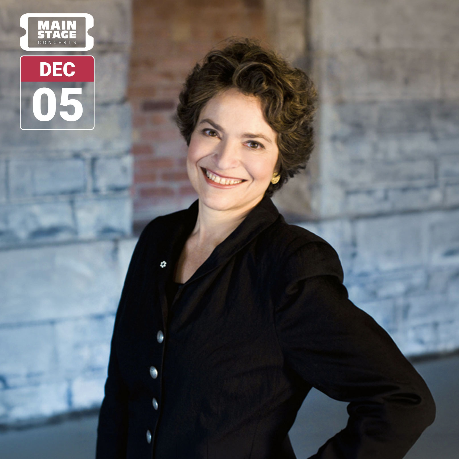 Baroque violinist Jeanne Lamon smiles at the camera, wearing a black jacket against a softly blurred stone and brick background. A graphic in the upper left reads “Main Stage Concerts” and “DEC 05.”