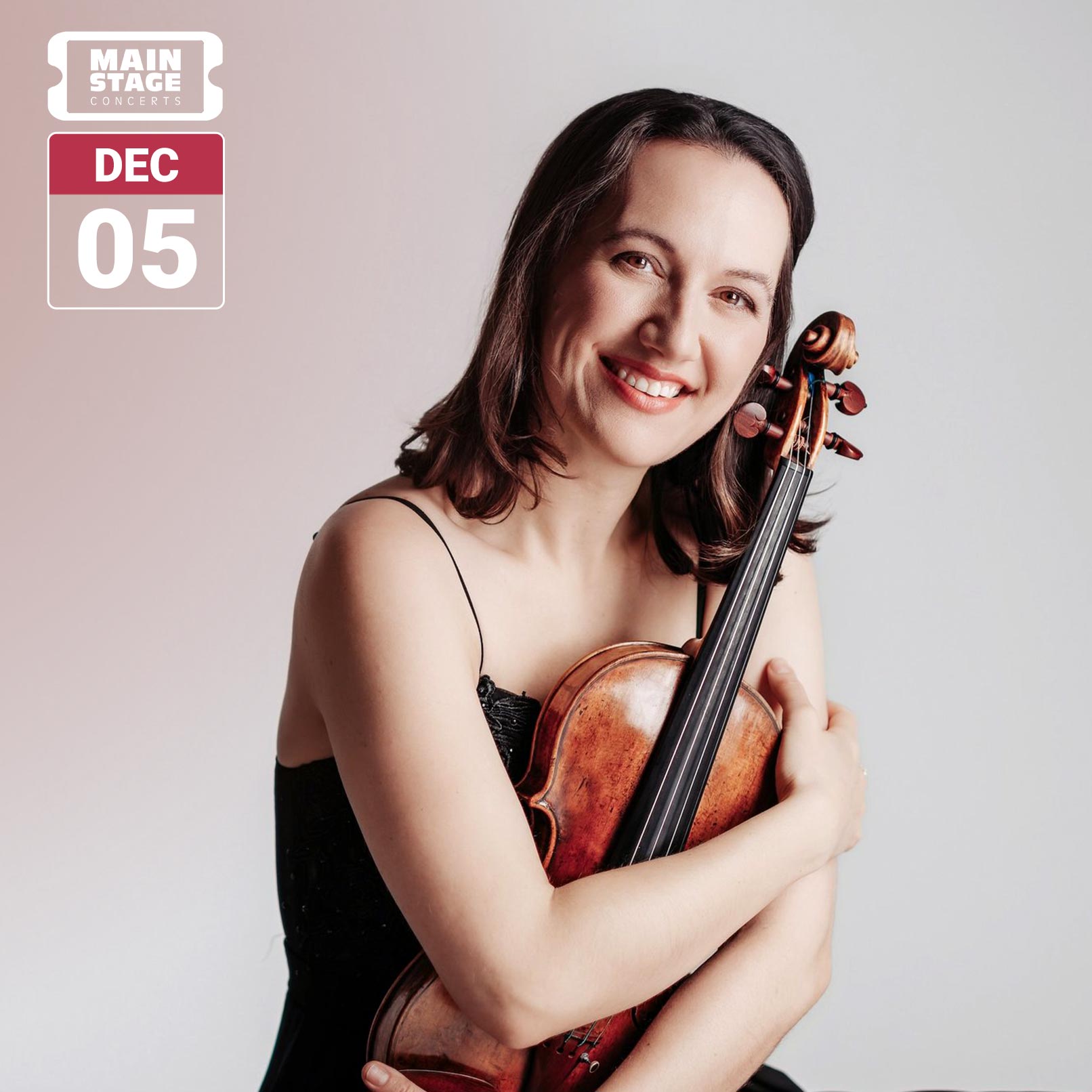 Violinist Yolanda Bruno smiles while holding her violin against a light studio background. The image includes the Main Stage Concerts logo and a date badge reading December 5.
