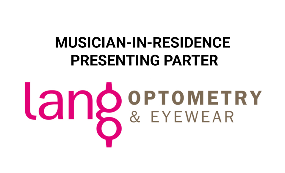 Lang Optometry & Eyewear logo in bright pink and taupe, with the heading “Musician-in-Residence | Presenting Partner” above, on a white background.