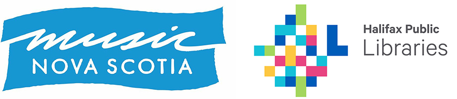 Music Nova Scotia and Halifax Public Libraries logos displayed side by side on a white background. The Music Nova Scotia logo features white lettering on a blue brushstroke background, while the Halifax Public Libraries logo features a colourful geometric design of interlocking squares beside dark grey lettering.