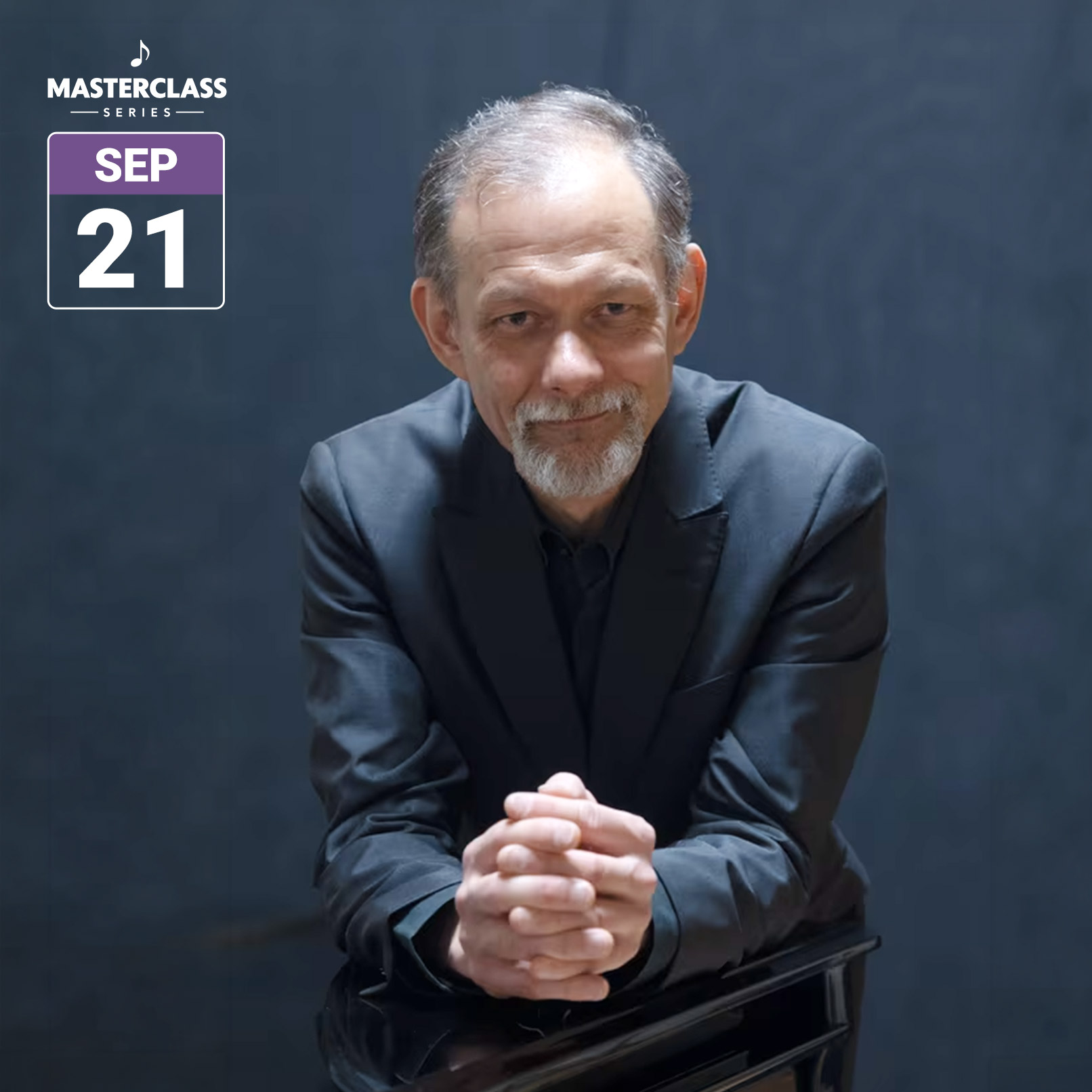 Pianist Enrico Pace poses at a grand piano. Masterclass Series graphic at upper left shows September 21.