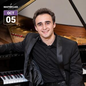 Pianist Illia Ovcharenko smiles beside a grand piano. Text reads “Masterclass Series” and “Oct 05.”