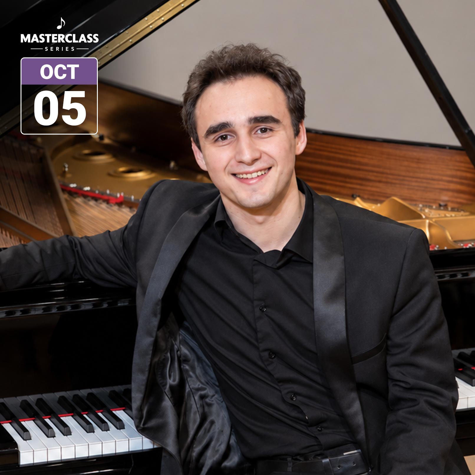 Pianist Illia Ovcharenko smiles beside a grand piano. Text reads “Masterclass Series” and “Oct 05.”