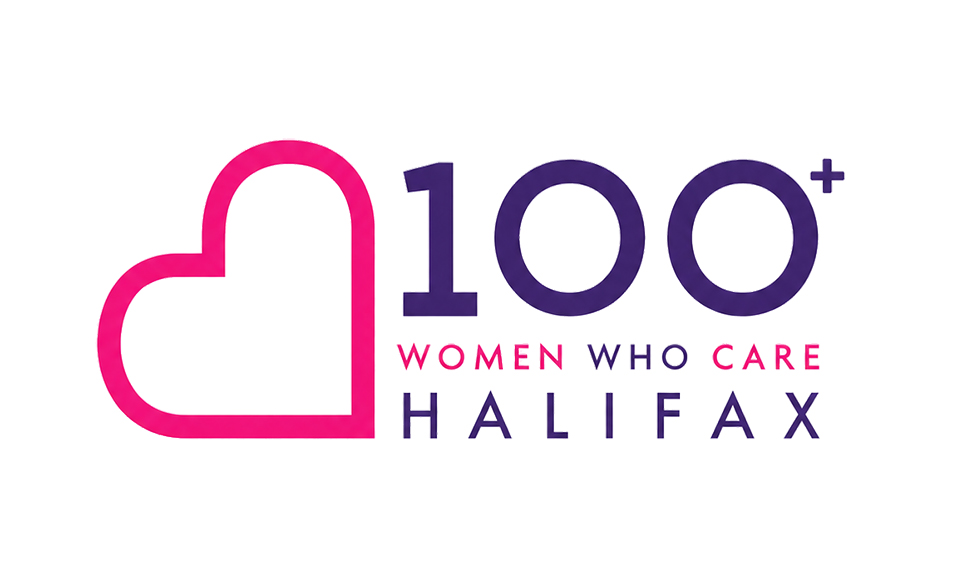 100+ Women Who Care Halifax logo in pink and purple, featuring a heart icon and the organization’s name.